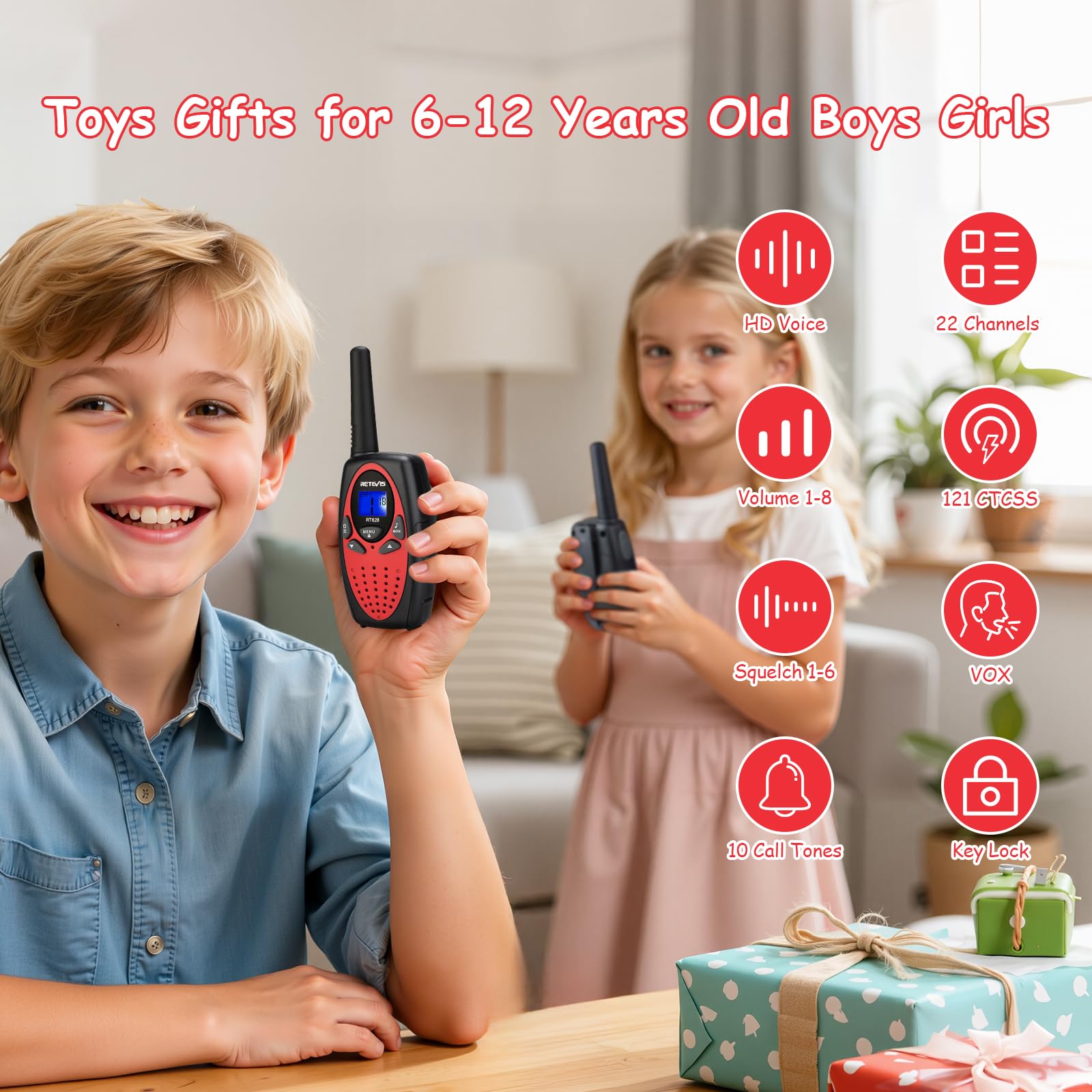 Retevis RT628 Walkie Talkie Bambini, Regalo Giocattolo VOX a Lungo Raggio per Vacanze, Facile da Usare per Campeggio e Avventura (1 Coppia, Rosso)