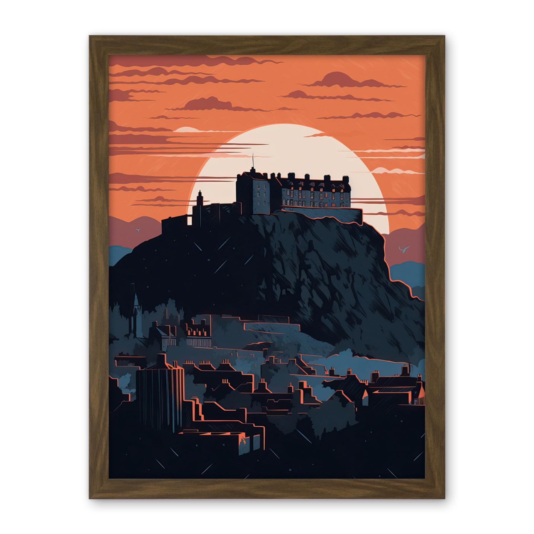 Artery8 Edinburgh Castle and Old Town Atmospheric Sunset Artwork Framed Wall Art Print 18X24 Inch