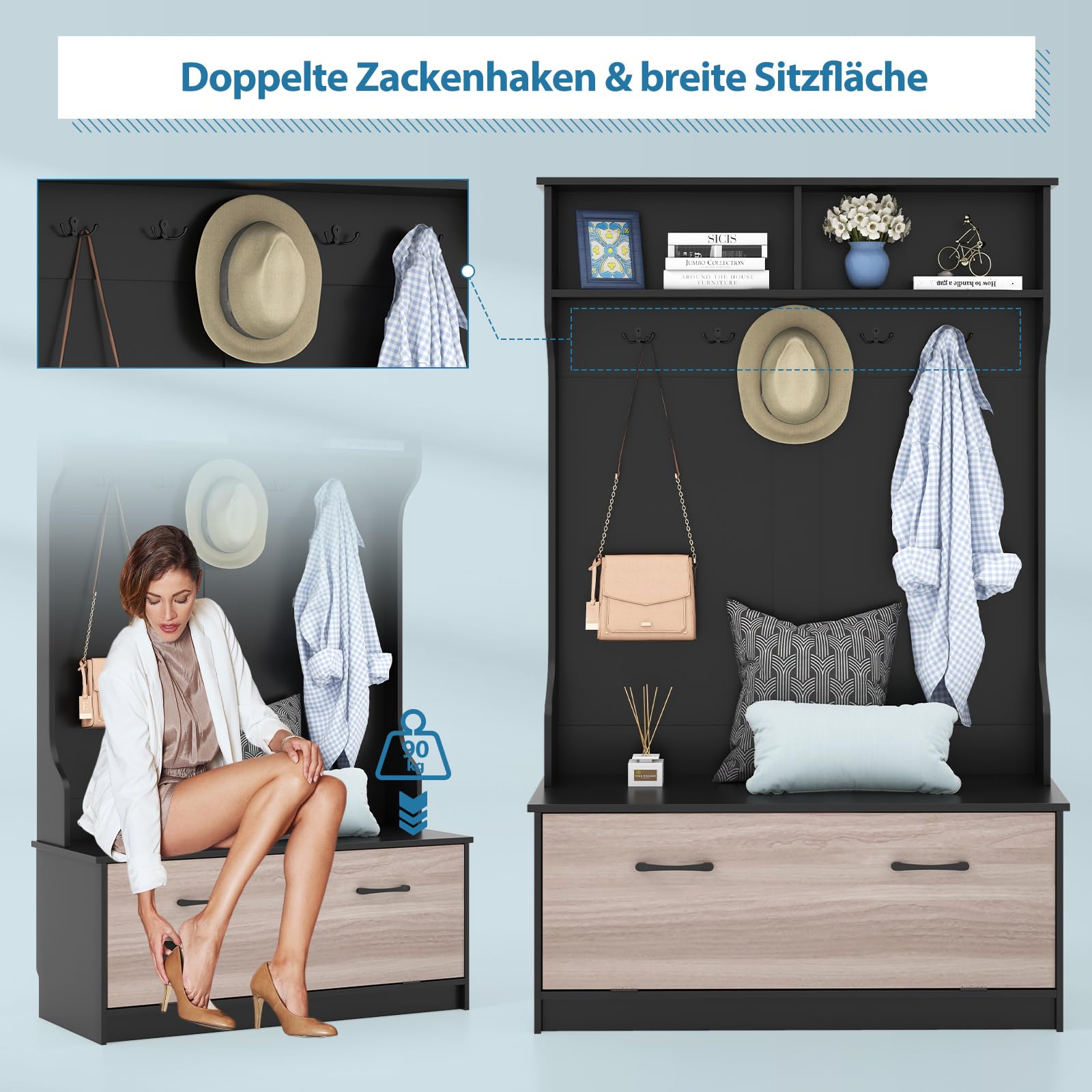 Zwarte kapstok met schoenenbank, 6 haken en opbergruimte - Compacte halmeubel