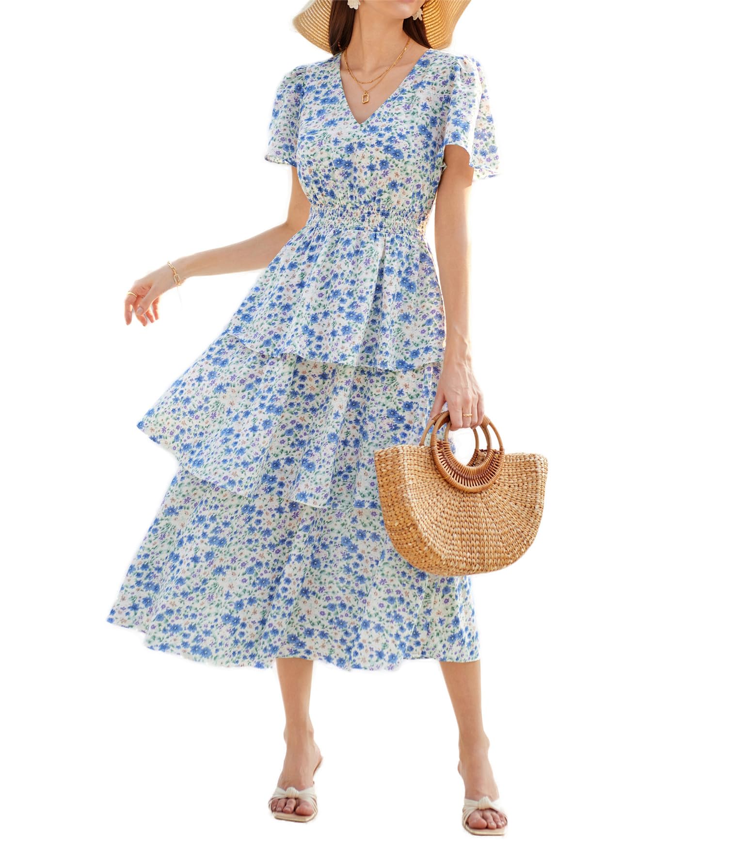 GRACE KARIN 2024 Vestido de verano para mujer, cuello en V, manga corta, floral, informal, para la playa, vestido maxi, elegante, línea A, vestido informal, vestido de vacaciones, boda