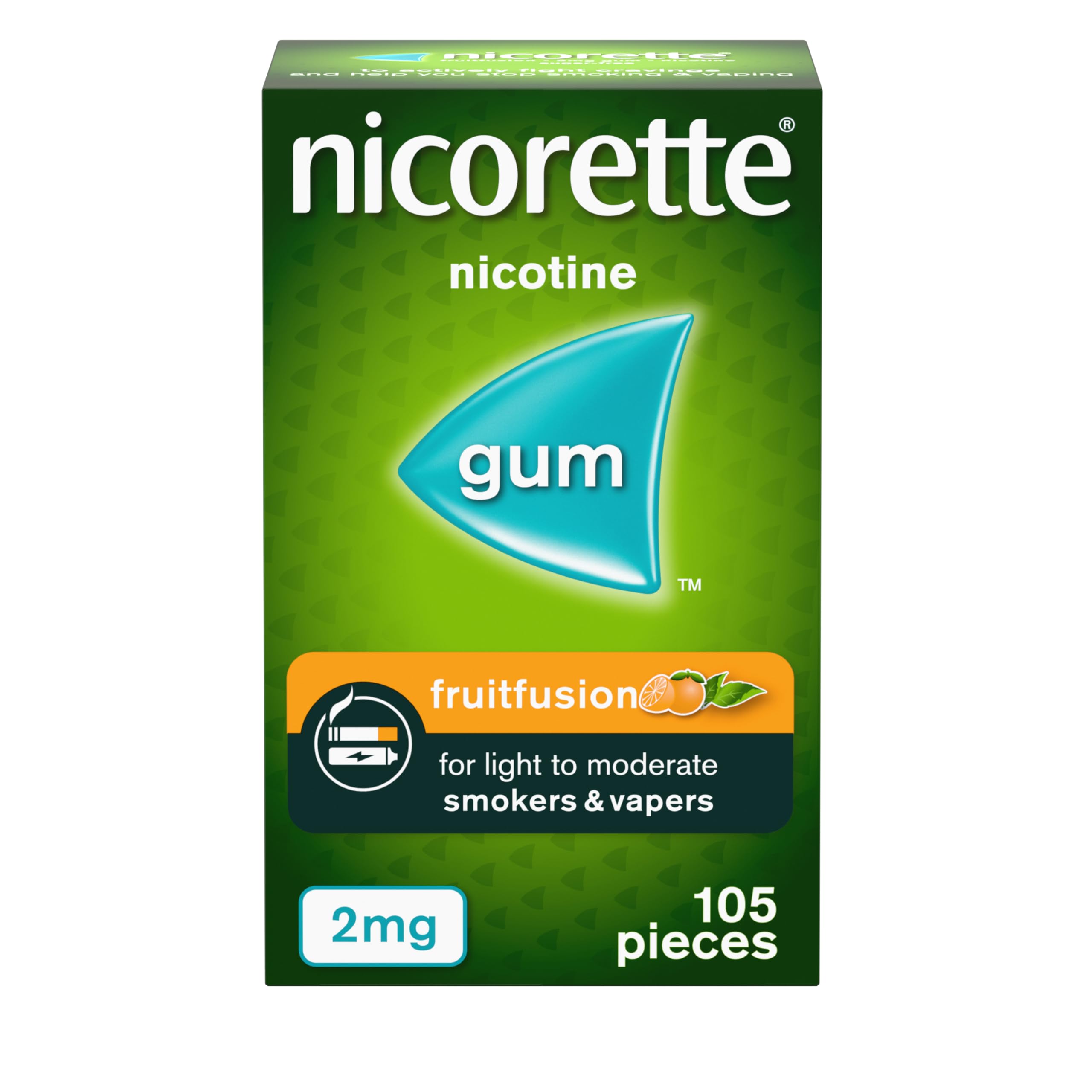 Nicorette Fruitfusion 2mg Gum (105 Pieces), Discreet Stop Smoking and Stop Vaping Aid, Helps Tackle Cravings and Withdrawal Symptoms, Nicotine Gum with Pleasant Fruit Flavour (Quit Smoking or Vaping)