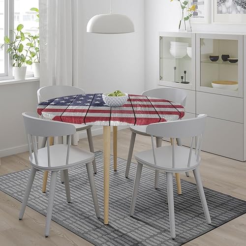 Miniatura 6 de Mantel redondo retro con bandera estadounidense ajustable, elástico, impermeable, lavable, para decoración de mesa, para fiesta, comedor, picnic,