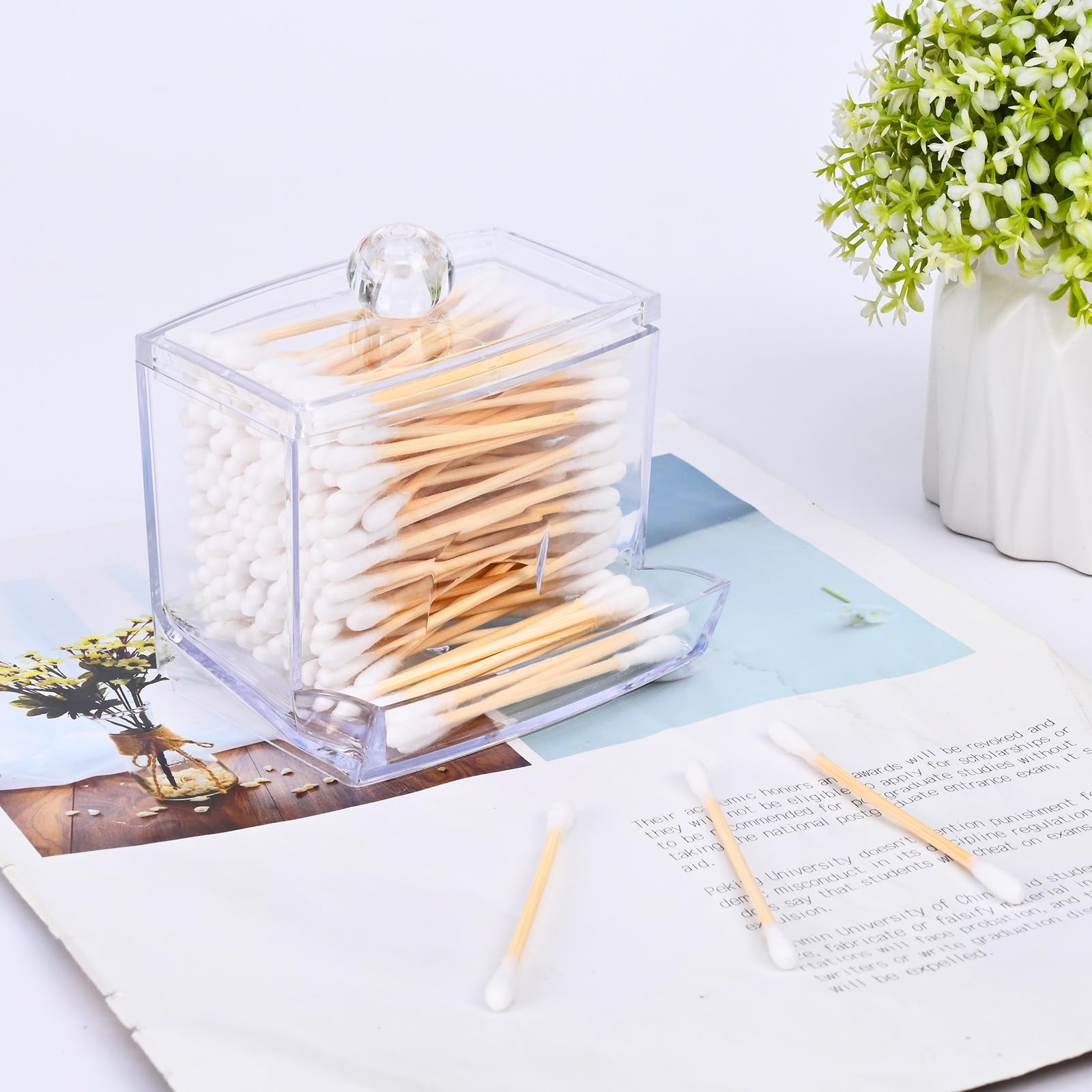 Acrylic Qtip Holder Dispenser Bathroom Organizer Countertop Bathroom Accessories Small Clear Plastic Jar Set for Cotton Swabs Balls