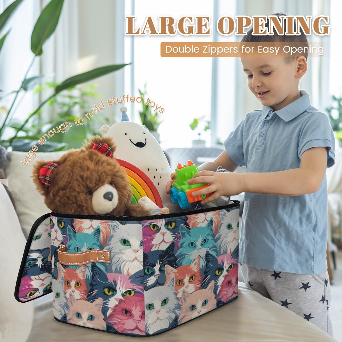 Storage Bin Set of 2 Colorful Cats Storage Basket with Zipper Lid & Handle Foldable Closet Shelf 2 Pack Cloth Organizer Basket Cube Bins Clothes Organizer for Bedroom, Nursery
