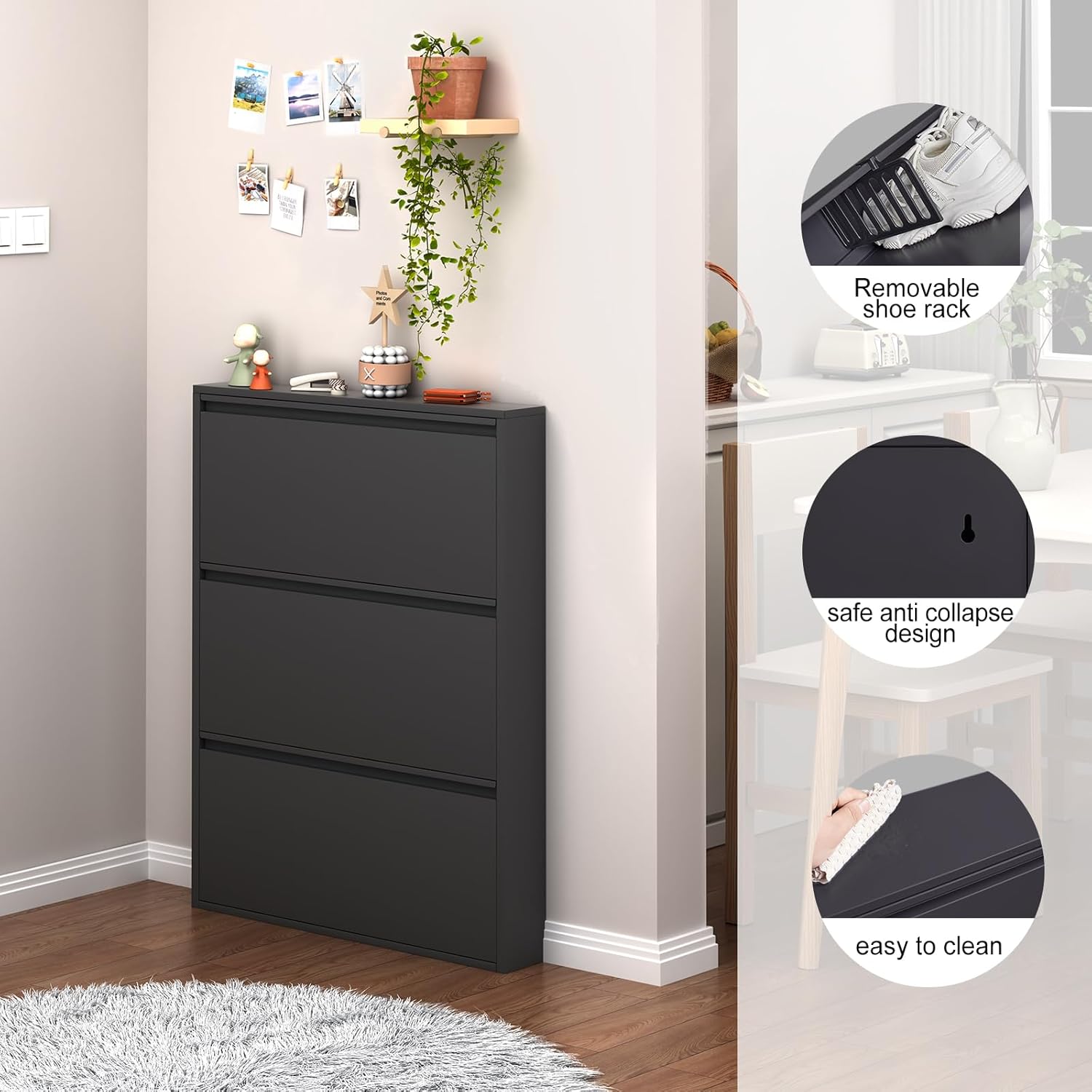 LUCYPAL Slim Metal Shoe Cabinet closed, with details on removable shoe rack, anti-collapse design, and easy cleaning.