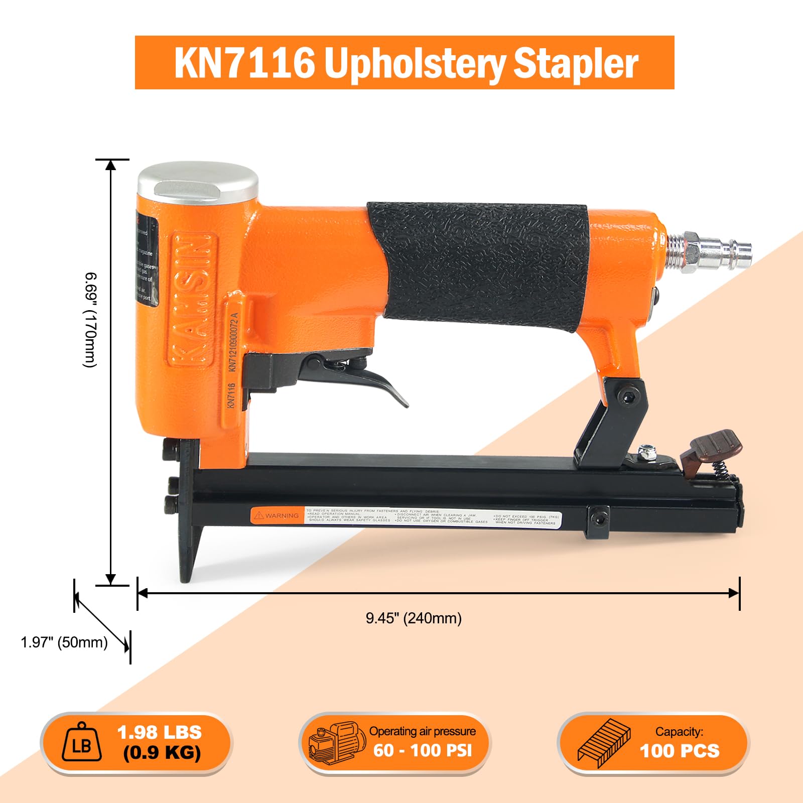 KAMSIN KN7116 Agrafeuse pneumatique pour meubles, calibre 22 Type 71, couronne de 9,0 mm, agrafeuse pneumatique pour meubles, tissus, bricolage