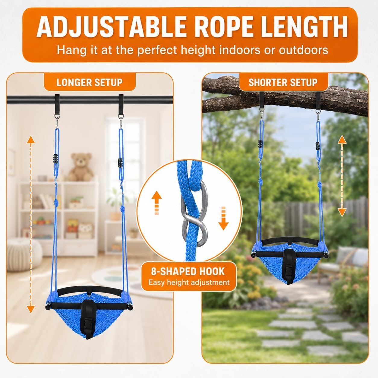 Kids Swing Seats Indoor Hand-Made Net Swing with Adjustable Rope Tree Swings for Kid Child Backyard Playground Swings Outside Indoor (Blue image 3