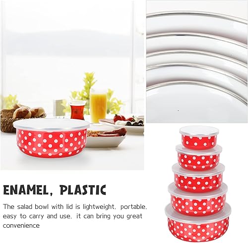 Miniatura 9 de Hemoton Juego de 5 tazones para mezclar esmaltados con tapa, cuencos para ensaladas de anidación de puntos, cuencos preparados para alimentos,