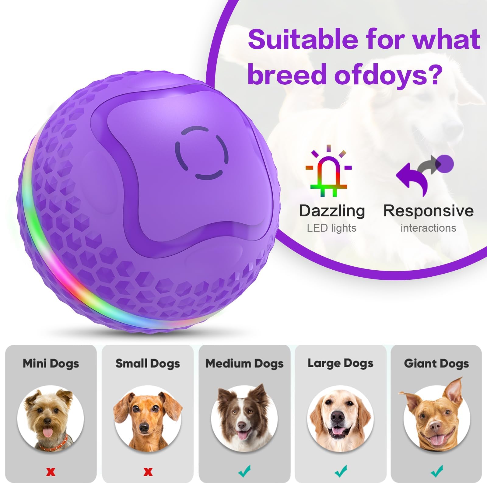 Pelota interactiva para perros, juguete rodante automático, bola animada para perros medianos/grandes para aliviar el aburrimiento, bolas de movimiento automático activadas con flash LED, recargable