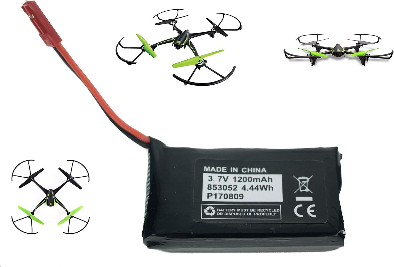 VLM 3.7V 1200mAh battery next to various Sky Viper drone models