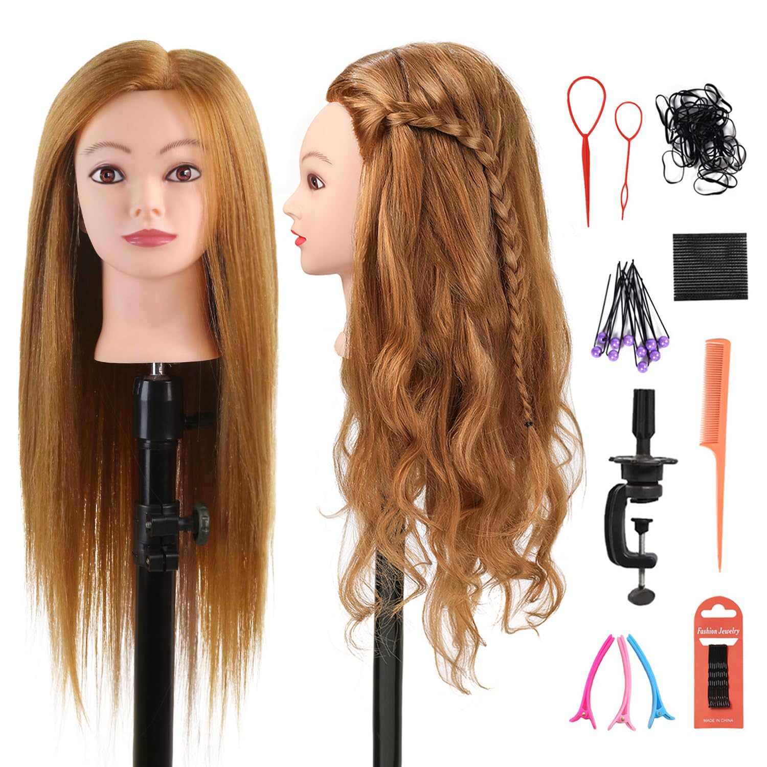 26"-28" Long Hair Mannequin Head with 60% Real Hair, Hairdresser Practice Training Head Cosmetology Manikin Doll Head with 9 Tools and Clamp - #27 Golden, Makeup On