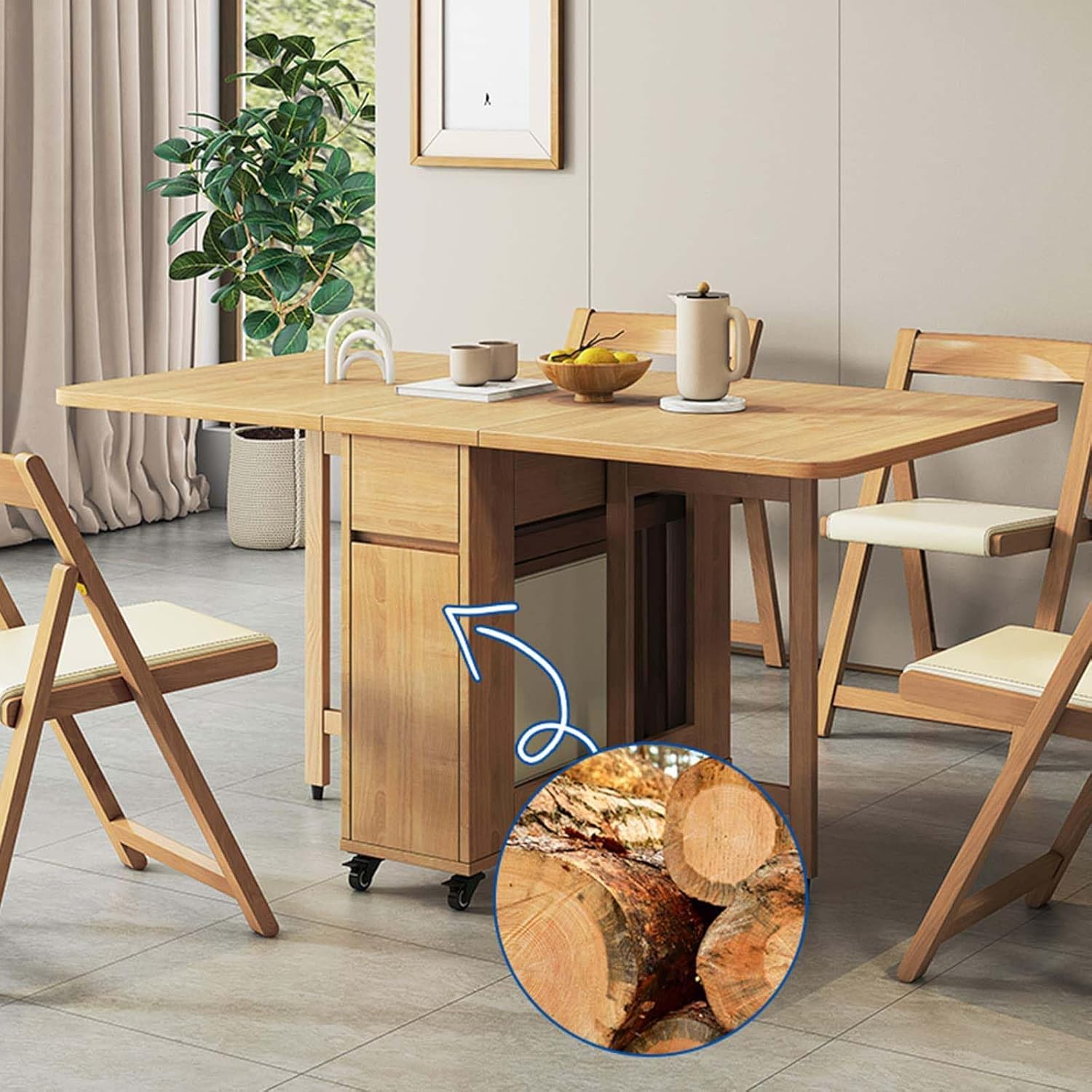 Ensemble de Table à Manger Table Pliante en Bois Massif Table à abattant avec 6 chaises Table à Manger Extensible pour Cuisine Salle à Manger Salon Restaurant,1,1.4m