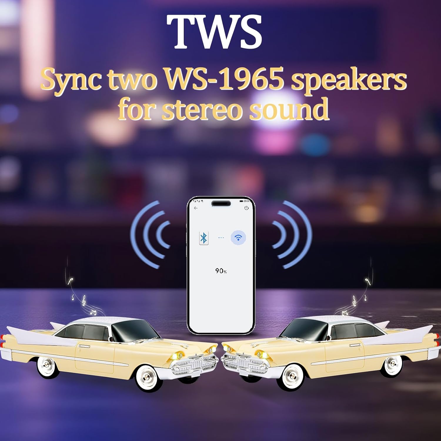 WSTER WS-1965 Bluetooth Replica Speaker – Retro Rocket Car Design, HD Sound, TWS, LED Party Lights, FM Radio, USB/TF Playback, Built-in Microphone – Portable Surprise Gift for Car Lovers (Beige)