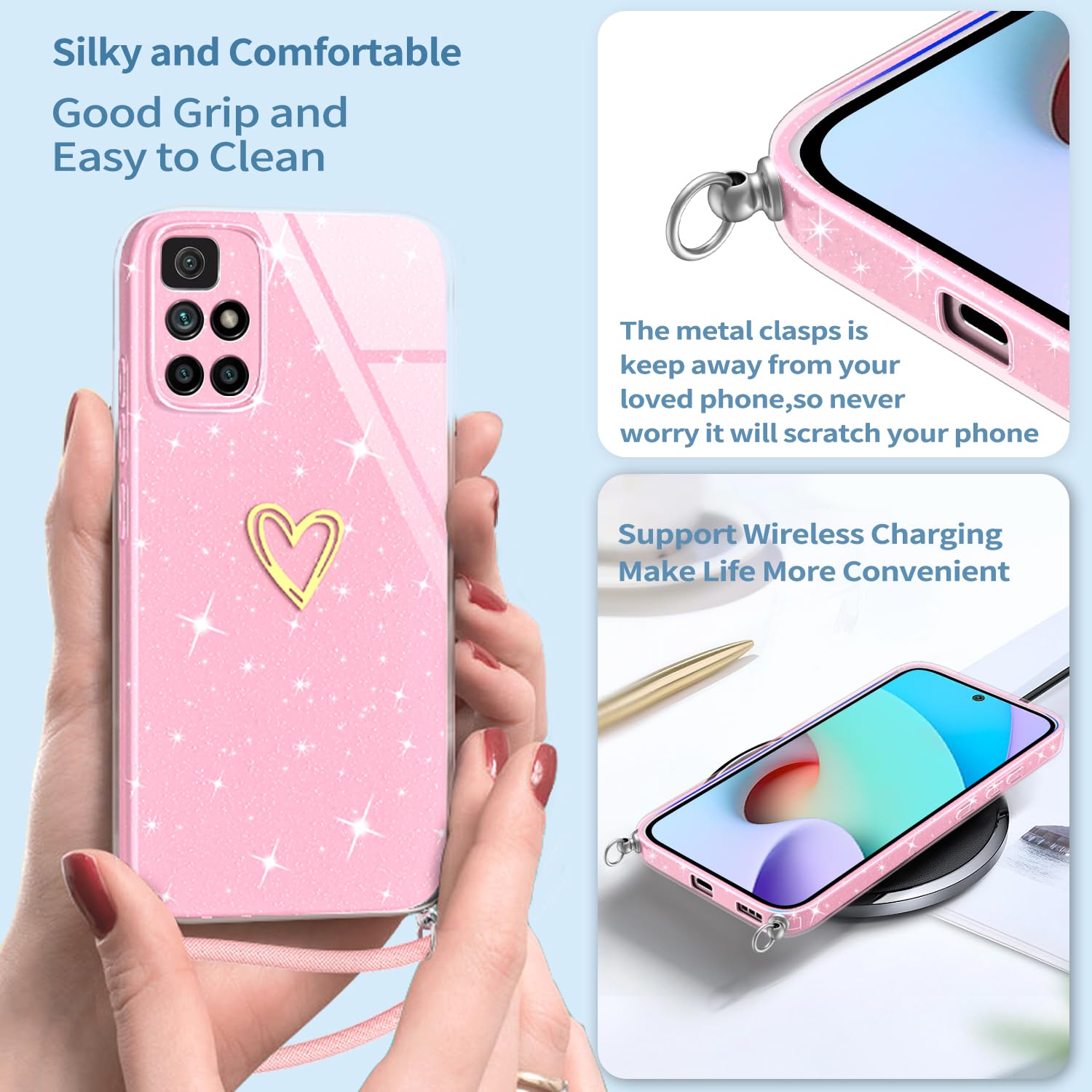 Yichxu Handyhülle Für Xiaomi Redmi 10 / 2022 – Mit Herz-Kette, Weiches TPU, Stoßfest, Beige