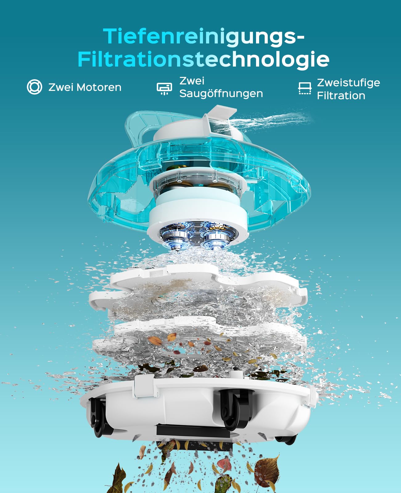 WINNY POOL CLEANER Winny 200 – Kabelloser Akku Poolsauger, Doppelfiltration, automatisches Parken, 80 Min. Laufzeit, für Aufstellpools bis 60 m², kompakt & leicht(Marine-Weiß)
