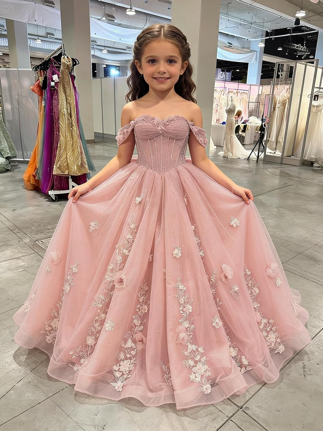 Blumenmädchenkleider mit Spitzenapplikationen und Schleife, perlenbesetztes Ballkleid mit Schleppe, Schulterfreies Festkleid für Mädchen