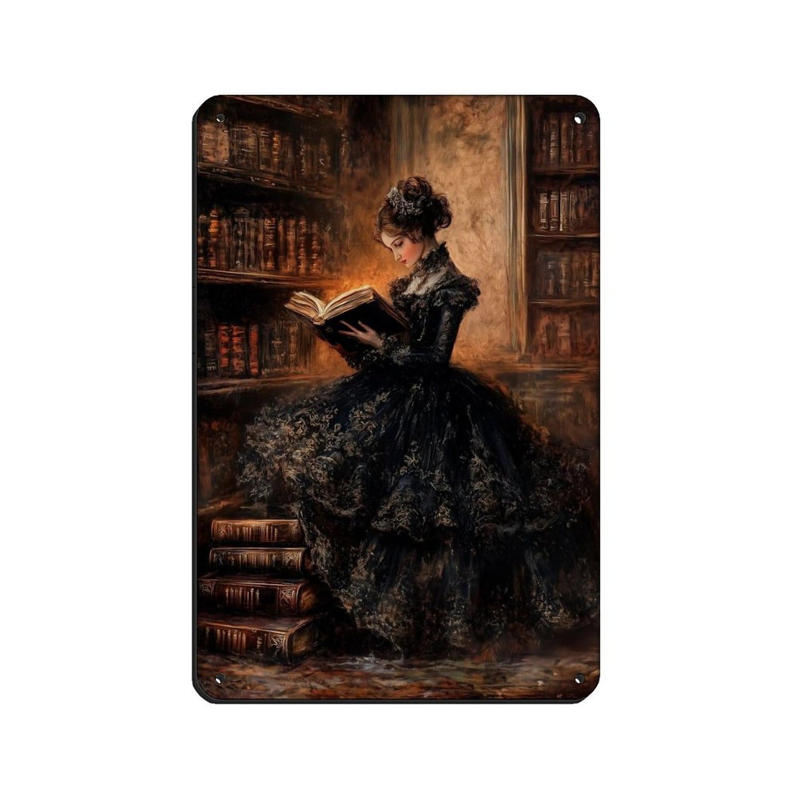 Victorian Lady Reading, Dark Academia Library Art Retro Poster Metal Tin Sign Chic Art Retro Iron Painting Bar People Cave Cafe Family Garage Poster Wall Decoration 8x12inch(20x30cm)