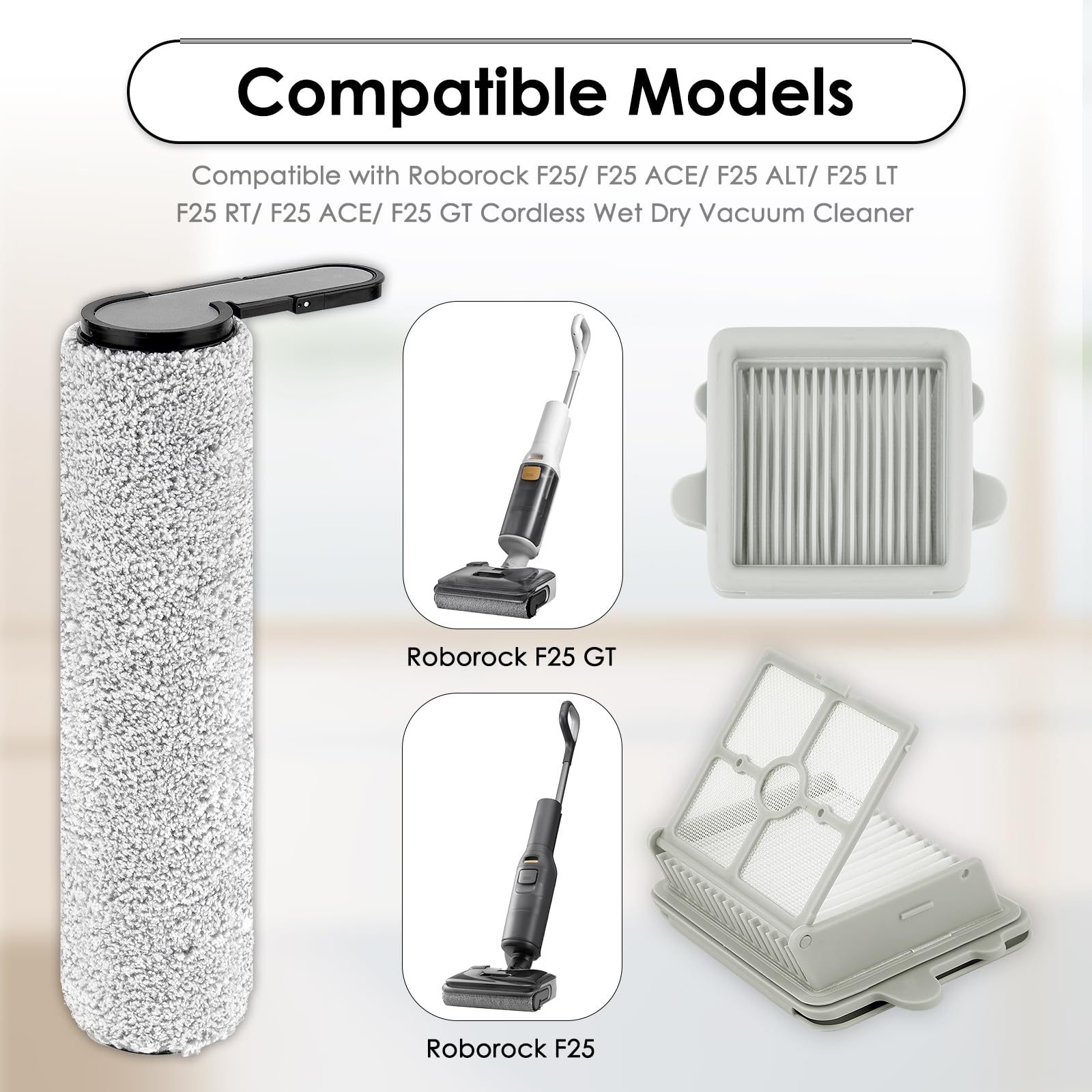 (6 sztuk) Wymienne wałki szczotkowe F25 i filtry HEPA do odkurzacza Roborock F25/ F25 LT/ F25 RT/ F25 ACE/ F25 ALT/ F25 ACE Combo/ F25 Combo/ F25 GT Wet Dry Vacuum Cleaner, 2 wałki szczotkowe, 4
