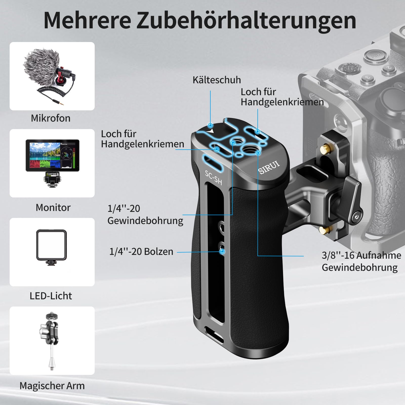 SIRUI Seitenhandgriff, Side Handle für Kamerakäfig, Zwei Befestigungsmöglichkeiten, NATO-Schiene, Fixierschraube, 3/8"-16 Schraube, 1/4"-20 Schrauben, rechts/Links verwendbar (SC-SH)