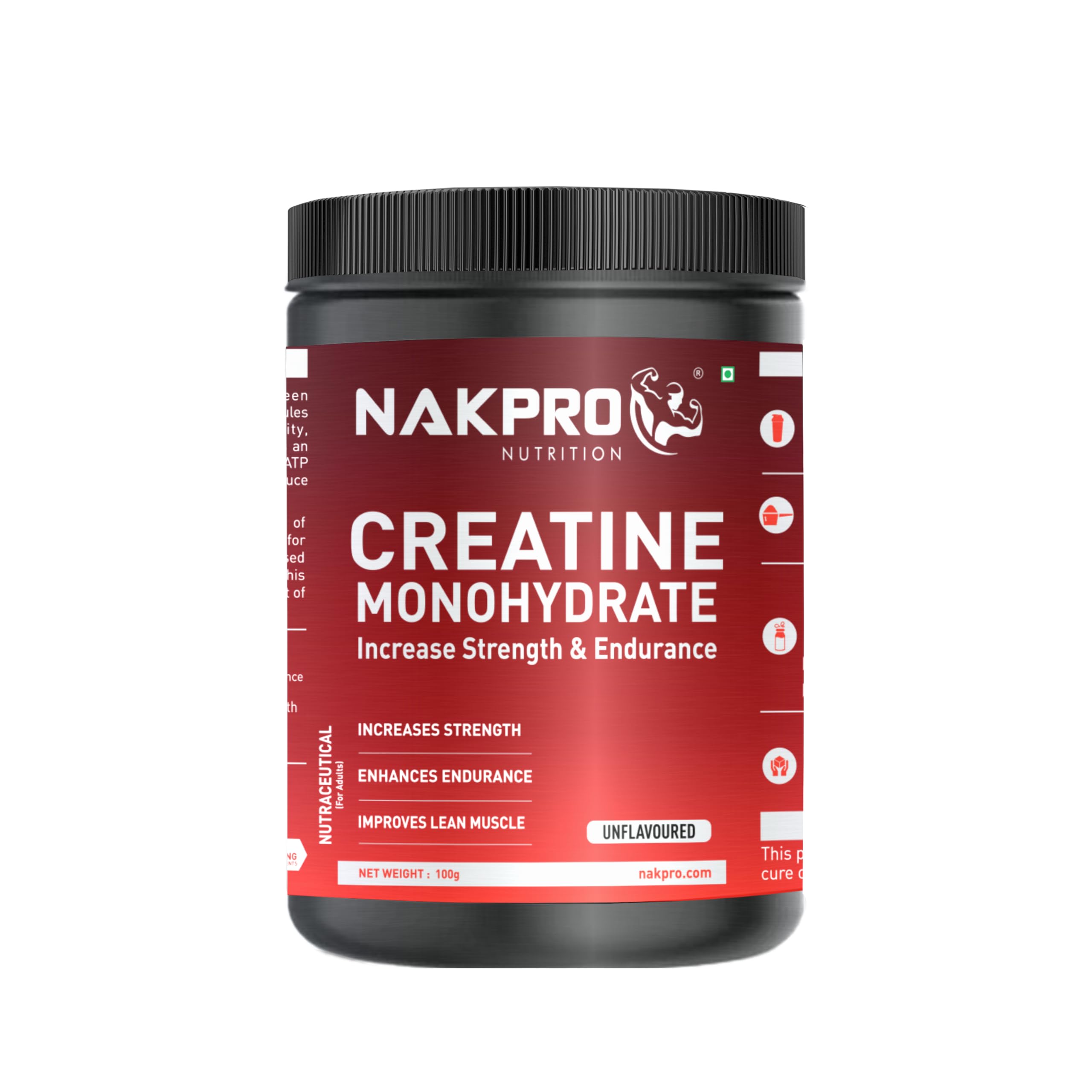 NAKPRO NUTRITION Micronised Creatine Monohydrate | 100g Jar | Unflavoured | 3g Creatine/Per Serving | Trustified Certified | Rapid Absorption Pre/Post Workout