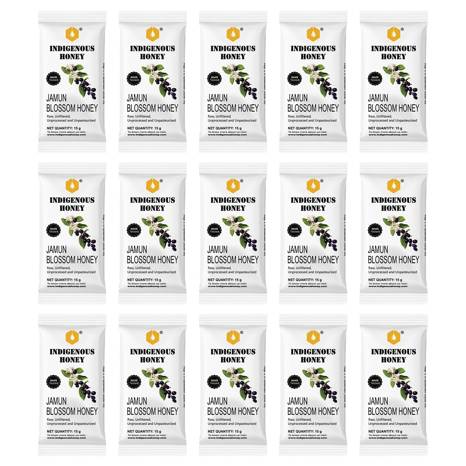 INDIGENOUS HONEY Natural Jamun Honey Raw Organic Pure Unprocessed Added Sugar Free NMR Tested Unpasteurized Unheated 15 Gift Sachets 15g Each Total 225g