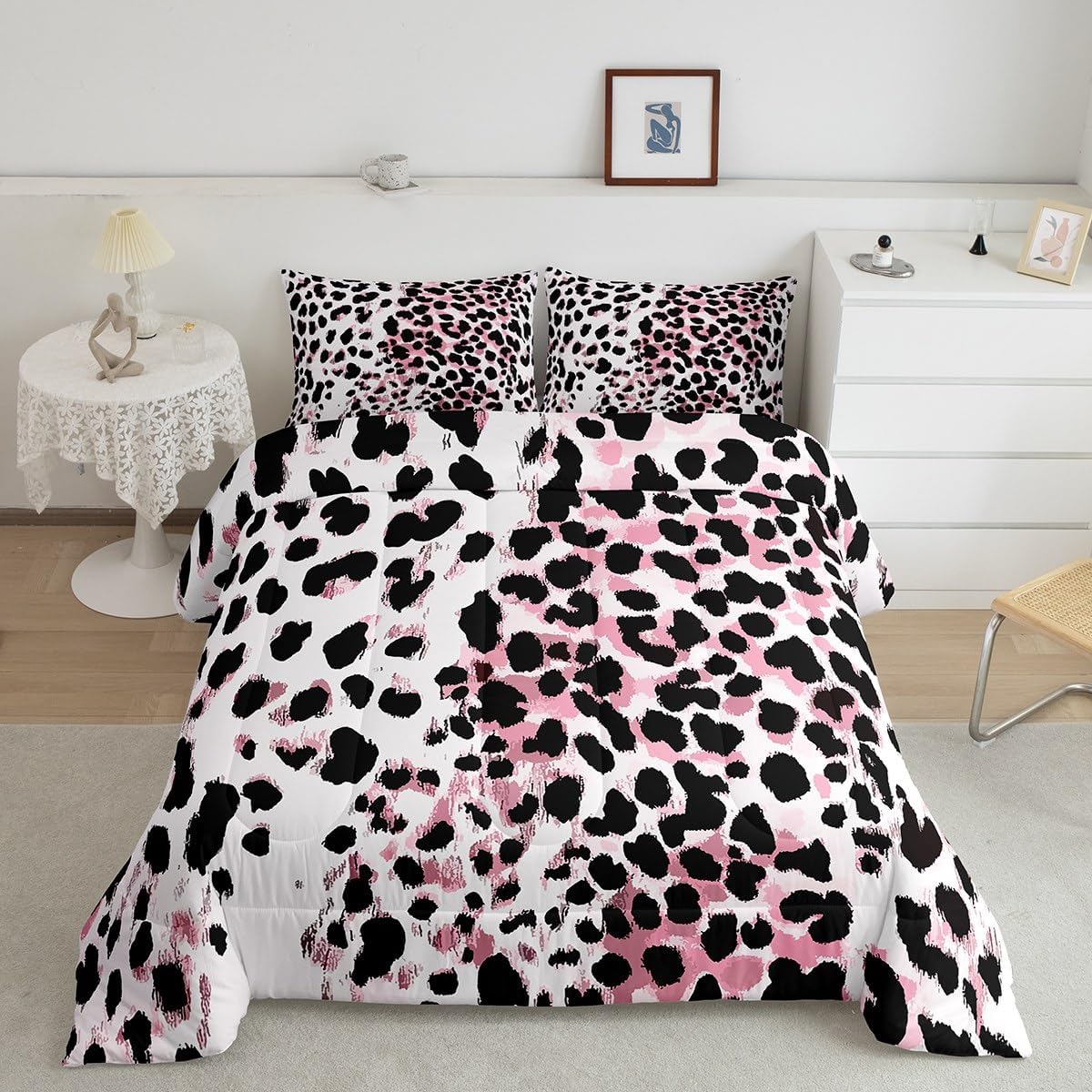 jejeloiu Pink Black Leopard Comforter Set Twin Size Kids Cheetah Bedding Set for Boys Girls Teens Animal Print Duvet Breathable Safari Quilt Bedroom Decor,1 Comforter with 1 Pillowcase