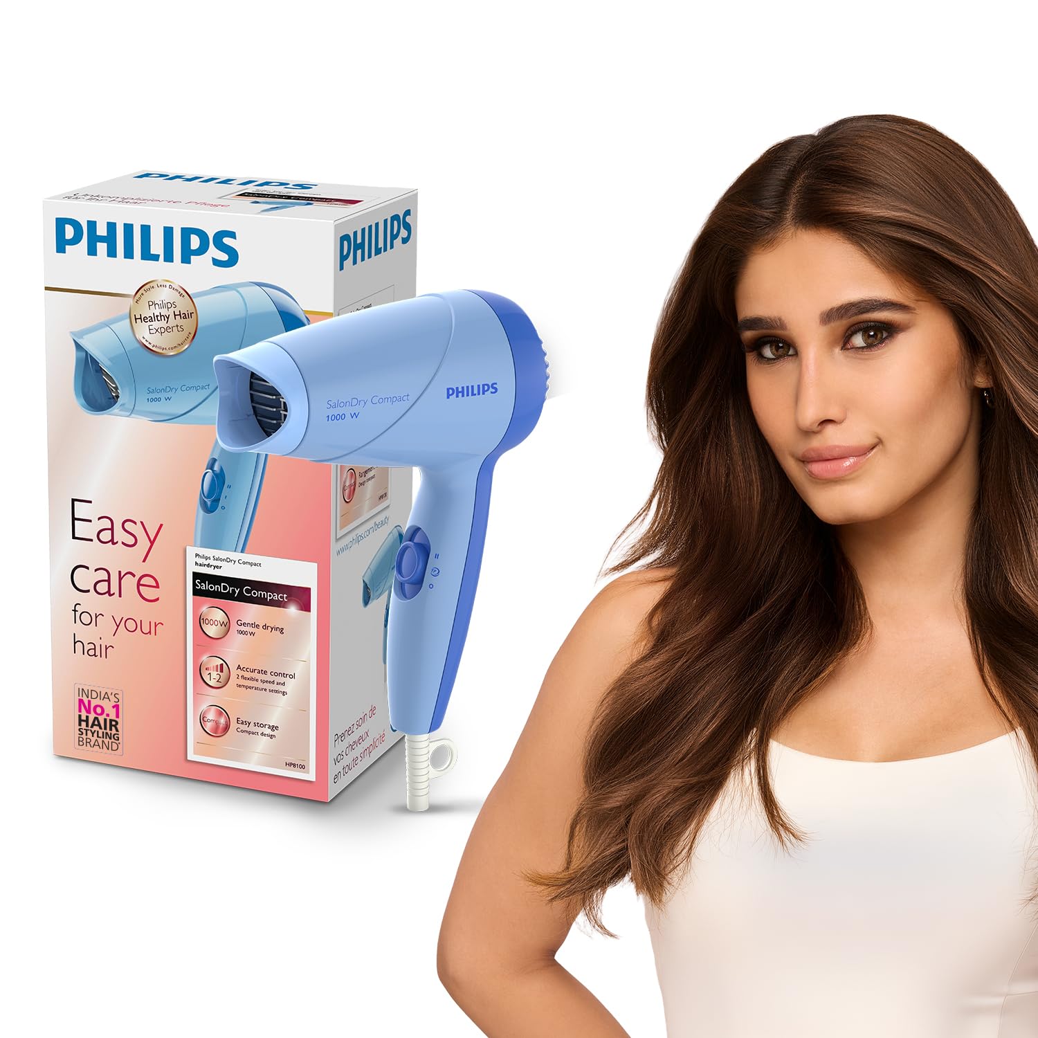 Philips India’s No.1 Hair Styling Brand -Hair Dryer 1000W |Blow Dry for Men & Women | 2 Heat Settings| ThermoProtect tech |Travel-Friendly, Quick Dry, Frizz Control | For Indian Hair | HP8100/60 Blue