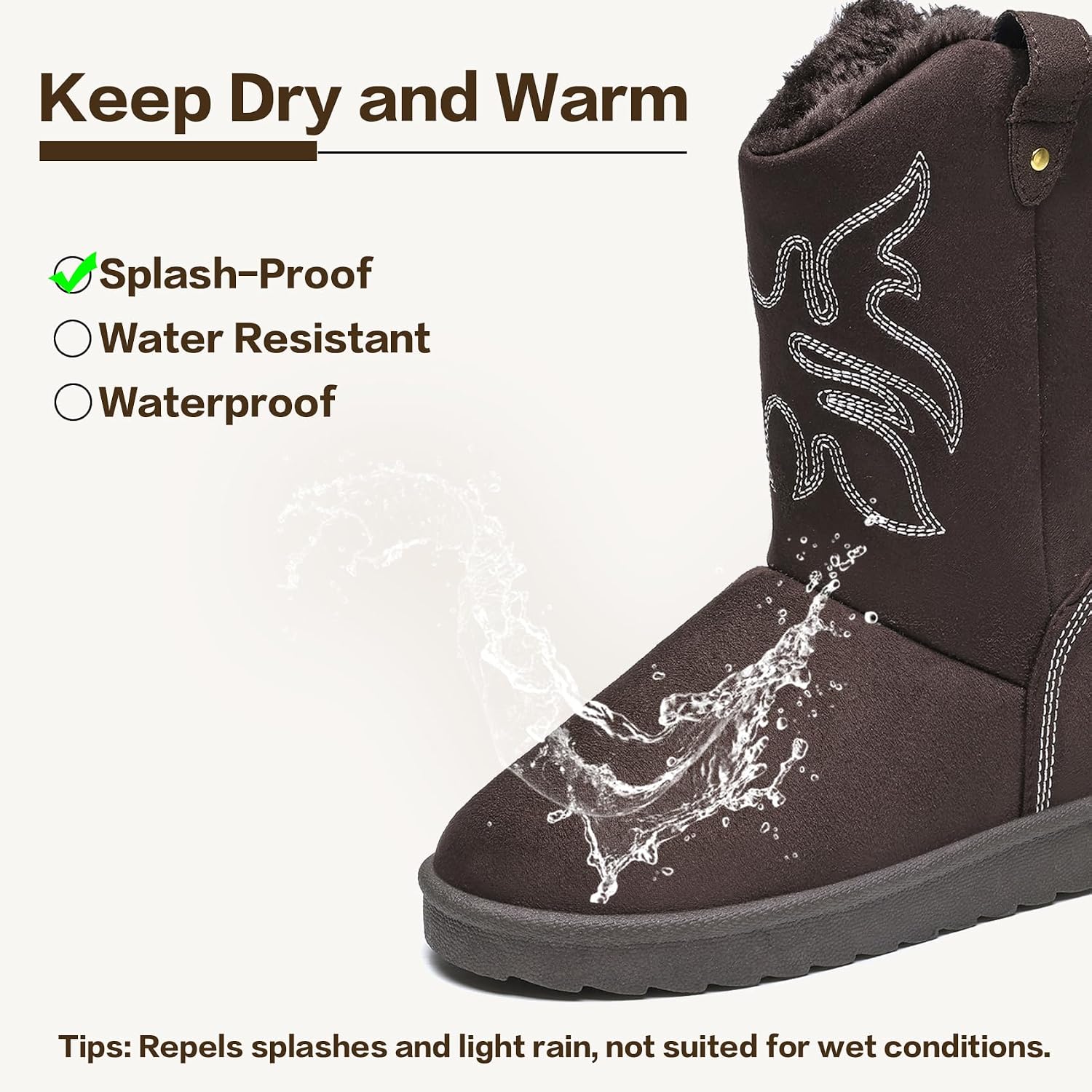 ZEENXIUYA Winter Snow Boots for Women Mid Calf Cowboy Boots with Embroidery Stitched Flat Fashion Boot with Warm Faux Fur Lined Bohemian Style Boot