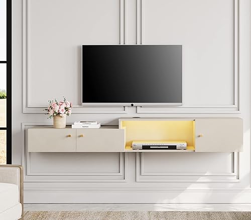 WAMPAT Soporte de TV flotante con estación de carga, centro de entretenimiento montado en la pared con luz amarilla con almacenamiento, centro de