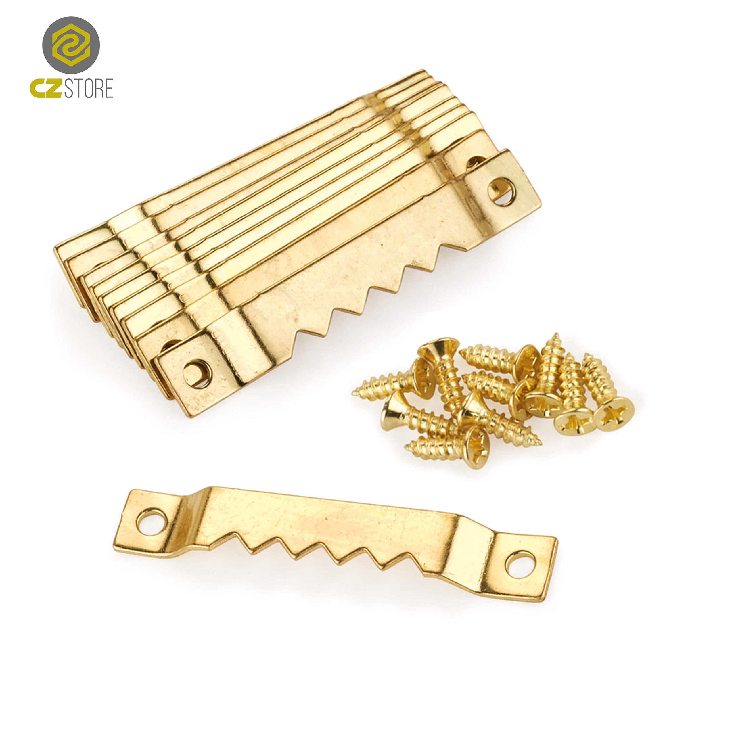 Ganci per Cornici in Metallo Dorato Rivestito in Ottone Dentellati - Accessori per Appendere Quadri - Incluse 200 Viti