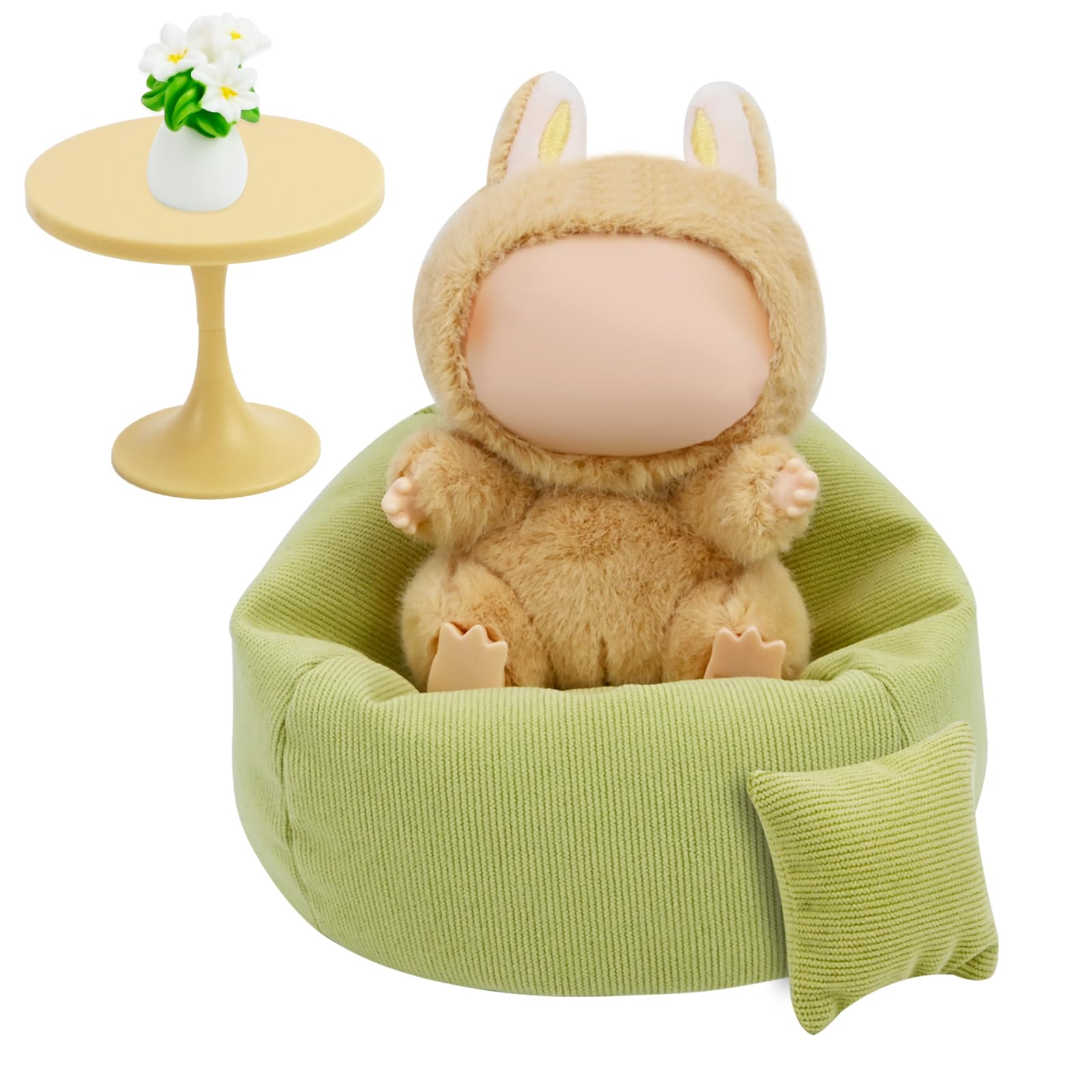Mini Bean Bag Chair for Labubu 15-17cm Dolls Seat Soft Cute Sofa with Pillow Table, and Plant Labubu Accessories Furniture Decoration for fans Collectors Green