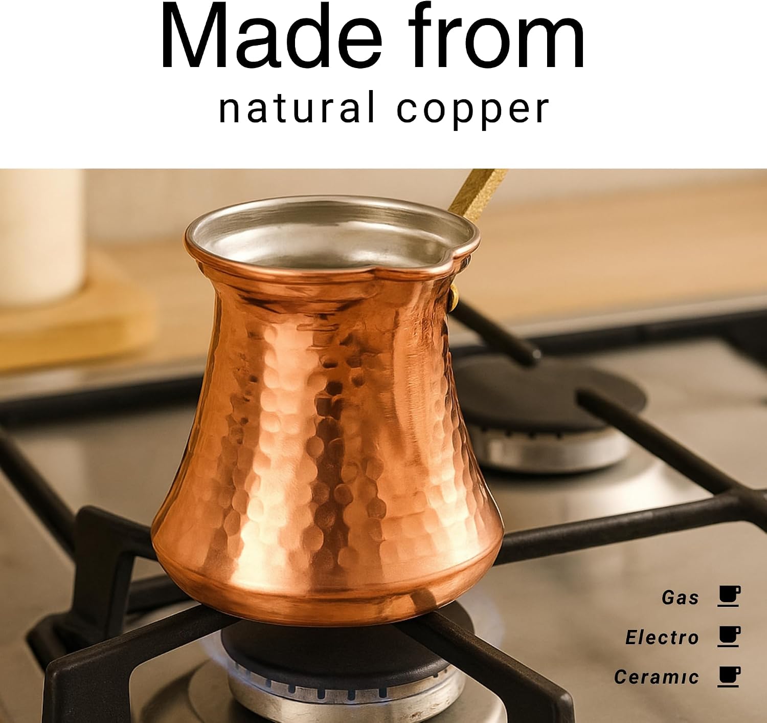 Copper Turkish Coffee Pot | 6.42 Oz Stove Top Coffee Maker, Chocolate & Milk Warmer Cezve | Coppers Handle Arabic Coffe Pots for 2 Cup (Copper Handle)