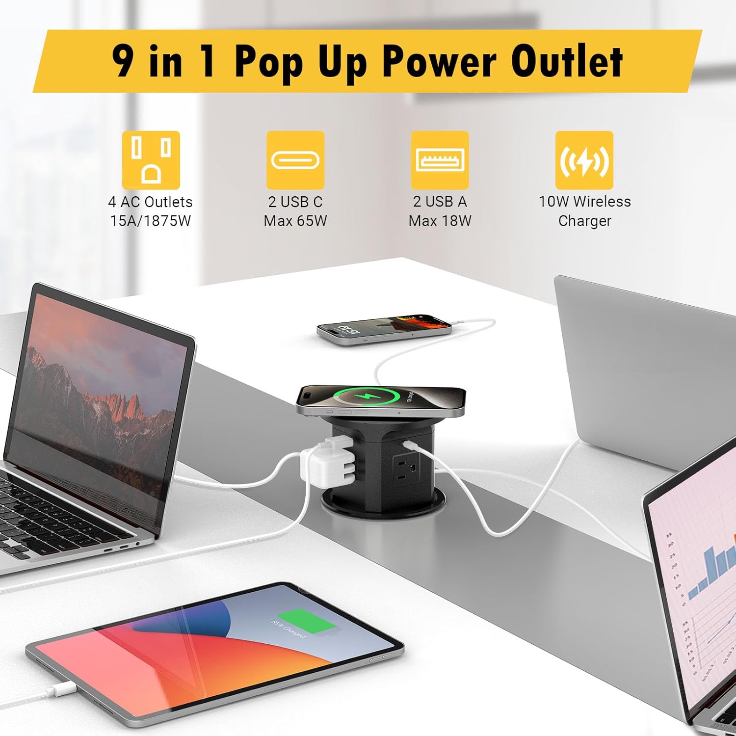 Kungfuking Pop Up Outlet for Countertop Kitchen, 65W USB C Wireless Counter Top Electrical Power Outlet, 15A/1875W Receptacle Charging Station Recessed Popup Plugs for Island Conference Table Office