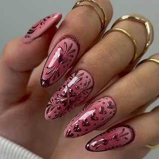 Medium Almond Press on Nails Fake Nails with 3D Pink Heart Design Full Cover False Nails Stick on Nail Acrylic Nails 30 Pcs (Pink-7, M-7)