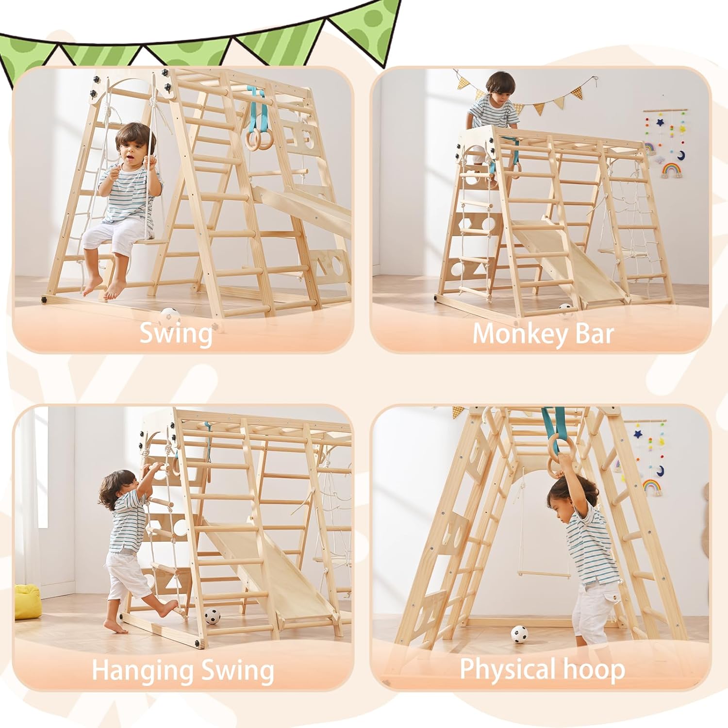 12-in-1 Toddler Playground - Foldable Kids Climbing Set with Slide, Rock/Net, Monkey Bars, Drawing Board, Swing and Pickler Set