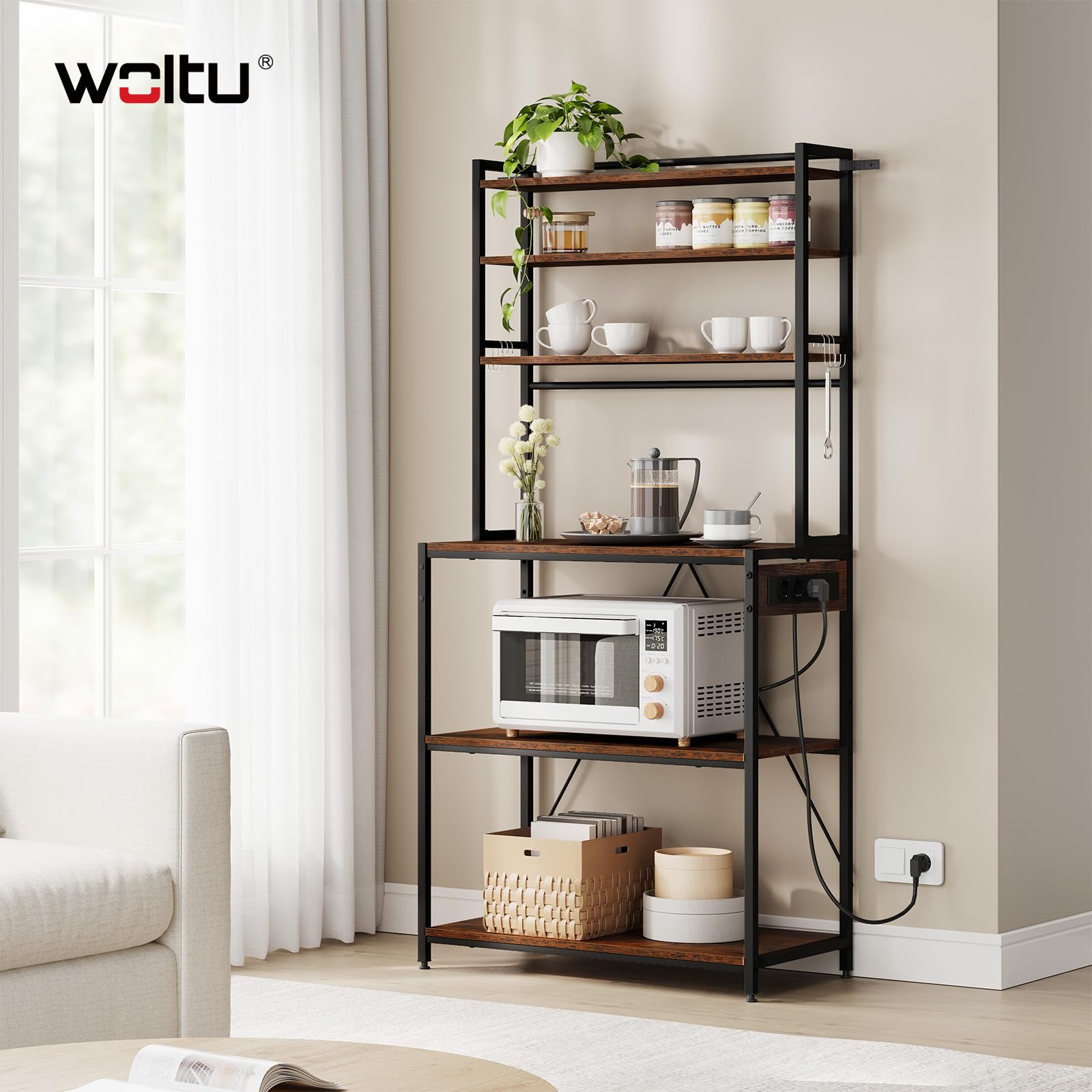 WOLTU Scaffale da Cucina a 6 Livelli con Prese di Corrente, Scaffale per Microonde con Struttura in Metallo e Piano di Lavoro Aperto, Nero+Marrone Rustico, 80x39,5x167cm