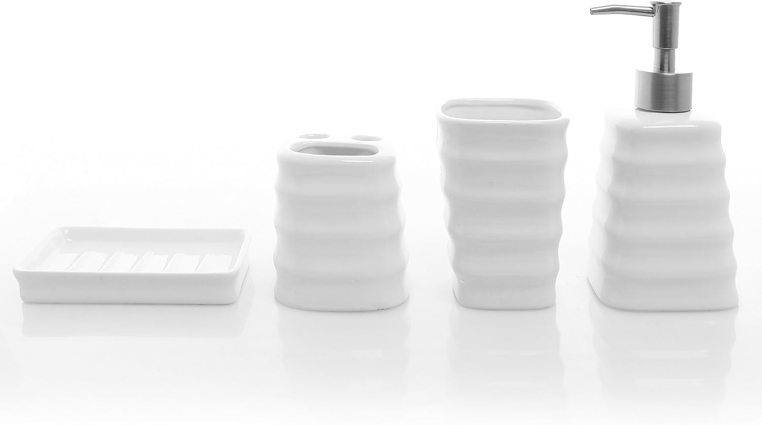 MyGift Ceramic White Bathroom Accessory Set with Ribbed Design, Includes Toothbrush Holder, Tumbler, Soap Dish and Dispenser