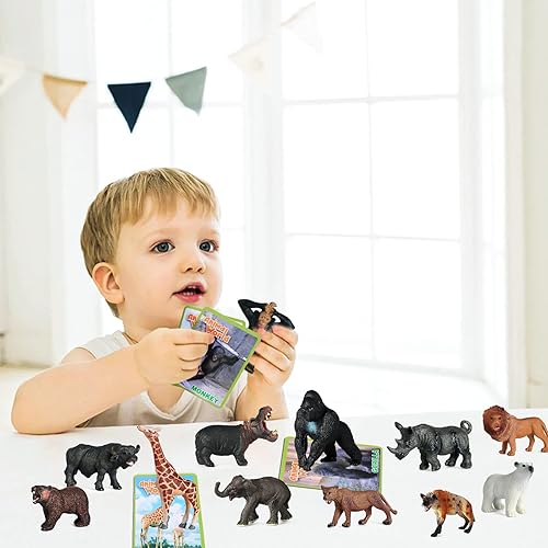 Miniatura 6 de SIENON 12 figuras de animales de safari con tarjetas flash, figuras realistas de plástico de zoológico salvaje con elefante, león, jirafa, oso,