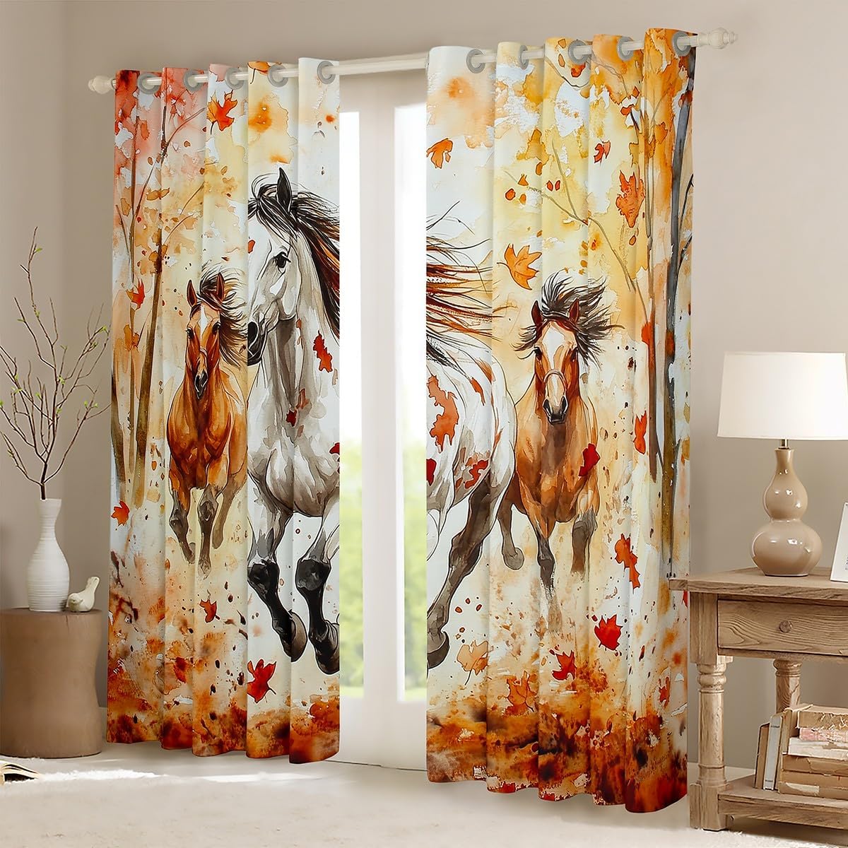 Manfei Galloping Horse Blackout Curtain Cartoon Animals Window Drapes, Fall Leaves Window Treatments, Kids Boys Girls Room Decor, Grommet Top 2 Panel Set Bedroom Curtains, 52Wx63L inch
