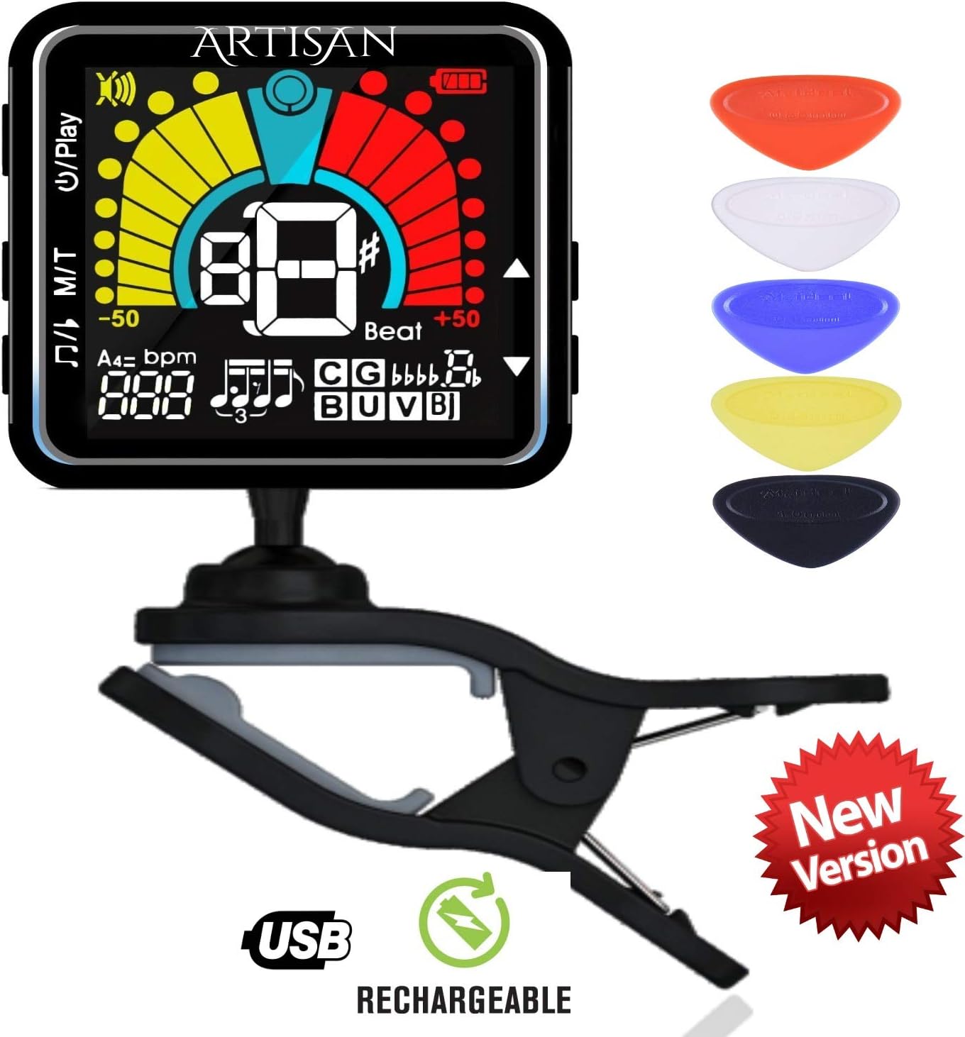 Artisan Guitar Tuner & Metronome: Rechargeable w/Bass, Violin, Mandolin, Ukulele, Banjo, Eb, Bb F & Chromatic Setting. Best Metronome: 8 Rhythms, 9 Beats up to 100dB: 30-280 bpm