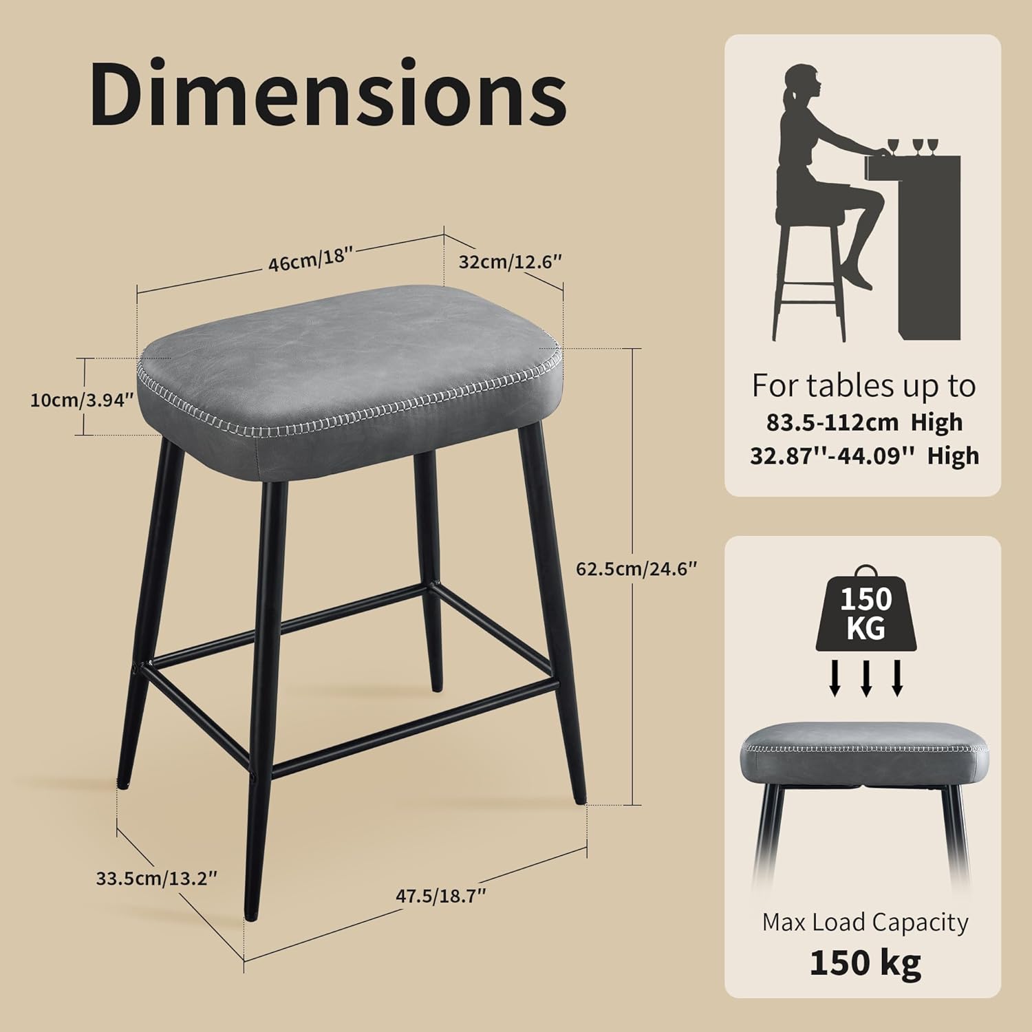 STOOLINK Bar Stools Set of 2, Counter Height Bar Stools for Kitchen Island, 24 Inch Kitchen Bar Stools for Kitchen Counter, Modern Leather Bar Chairs with Footrest and Metal Base, Gray
