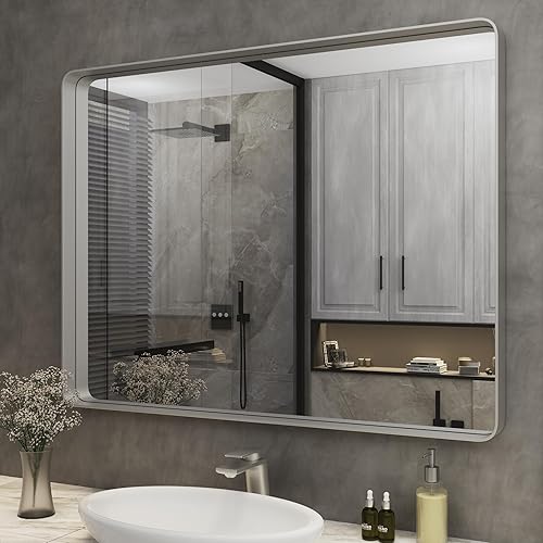 Miniatura 22 de ISKM Espejo con marco plateado para pared de 20 x 16 pulgadas, espejo de tocador de baño antioxidante, vidrio templado, espejo rectangular