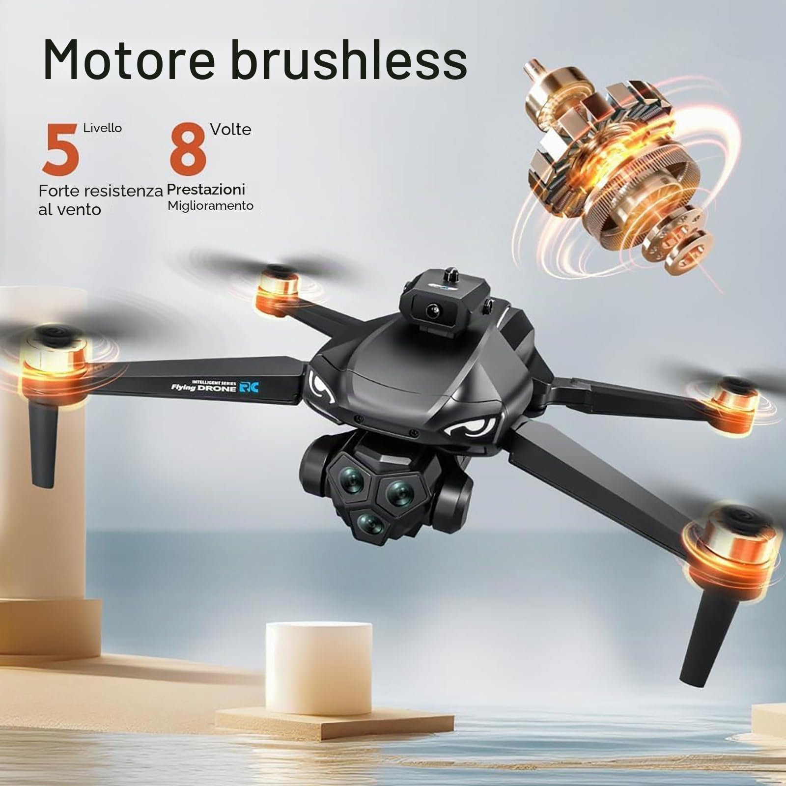 Generico Drone 4K con Tripla Telecamera Regolabile, Motore brushless, Ritorno GPS, evitamento Ostacoli a 360°, Resistenza al Vento a 5 Livelli, Posizionamento Ottico del Flusso, Telecomando LCD