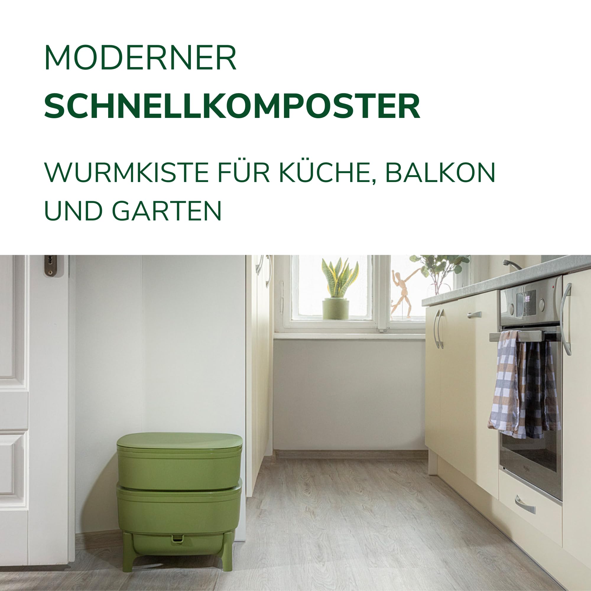 Natursache Wurmkomposter kaufen, Klein & Indoor, Wurmkiste für Balkon & Garten, Starterset + Zubehör (Mit Würmer + Zusatzetage, Grün)