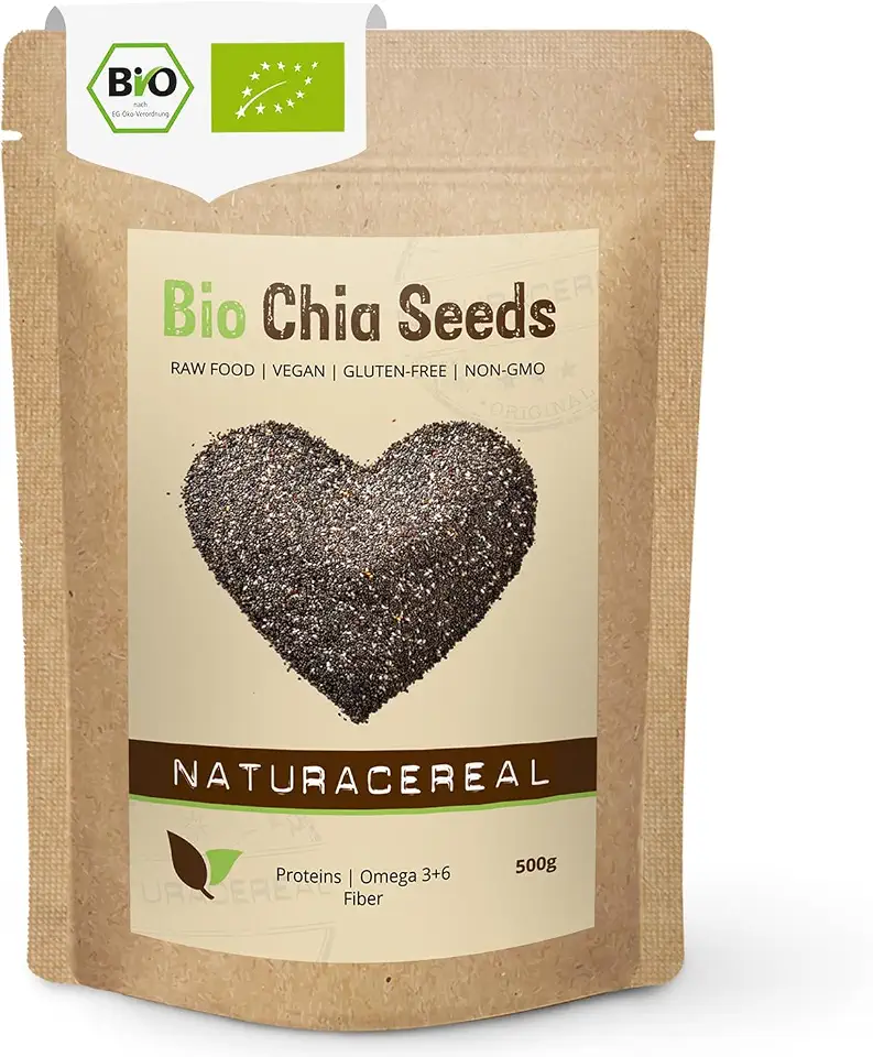 Superfood 40 Chia Samen Bio 500g – Naturacereal Bio Chiasamen – Vegan, glutenfrei & ballaststoffreich – Hochwertiges Superfood mit Omega-3 & pflanzlichem Protein – perfekt für Smoothies, Müsli & Backen