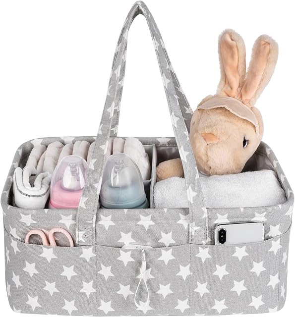 Baby Nappy Caddy - Nursery Storage Bin and Car Organizer for Diapers and Baby Wipes - Grey