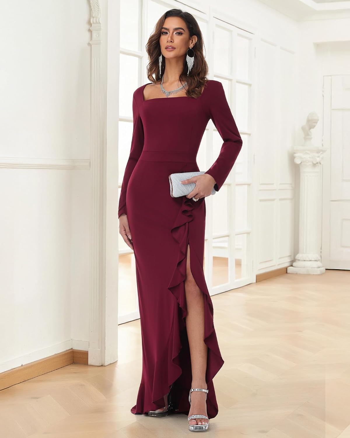 Womens Maxi Dress Long Sleeve Square Neck Bodycon Dress Fall Ruffle Hem Mermaid Cocktail Wedding Guest Long Dress - Image 2