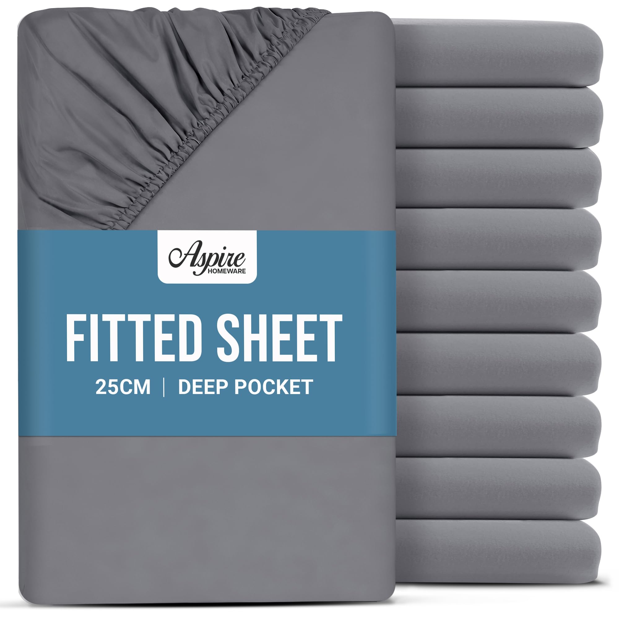 Aspire Homeware Small Double Fitted Sheet - 25cm Deep 10 Pack (Grey)