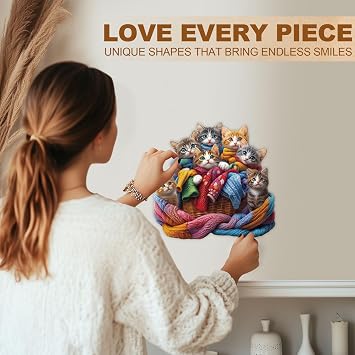 WOODBESTS Wooden Puzzles for Adults(100 Pieces-8.5 * 8.1in) Colorful Fabric Cat Wood Puzzles Adult-Unique Shape Wooden Jigsaw Puzzles with Wooden Storage Box-Personalized Gifts for Puzzle Lovers