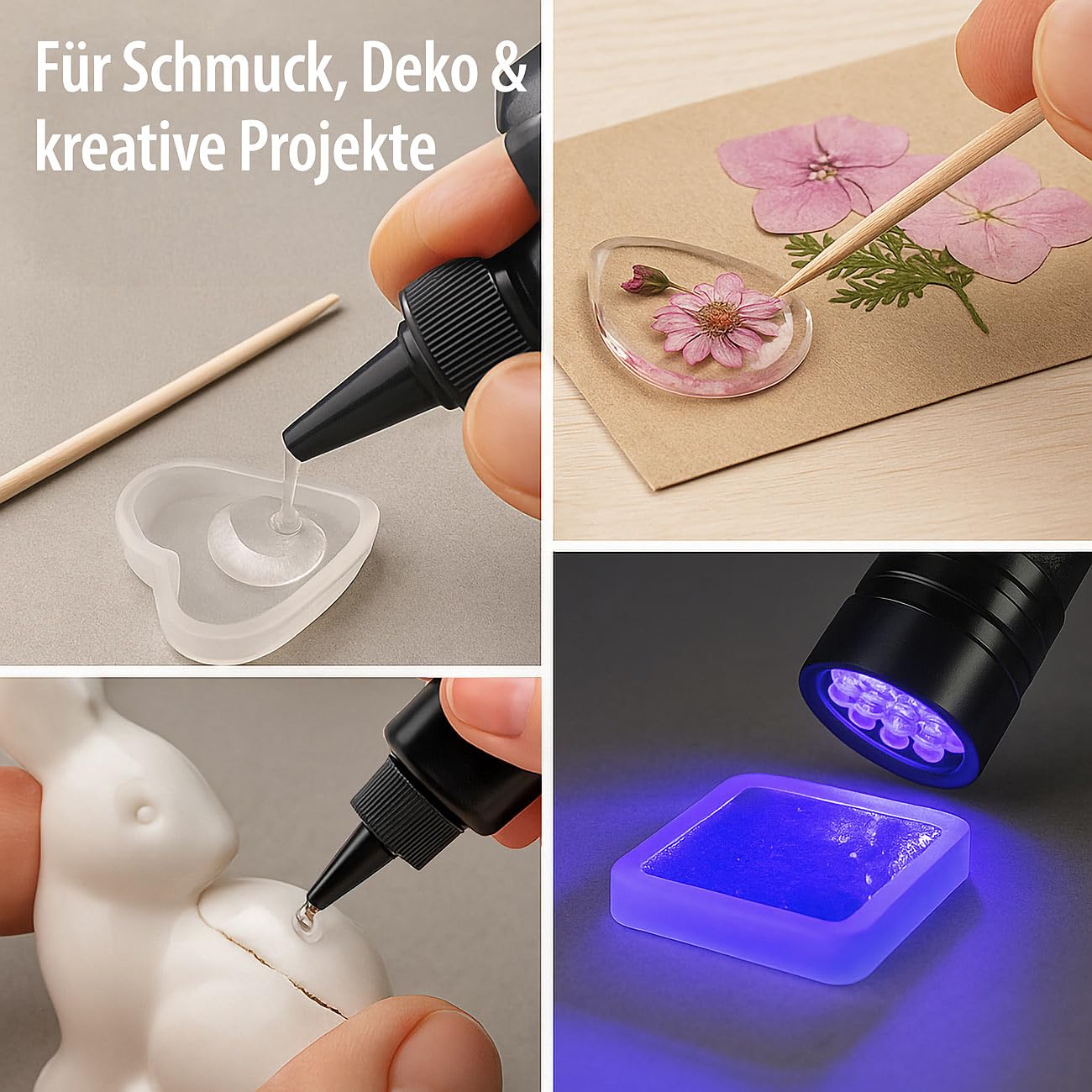 AGT Kleber: 4er-Set UV-Resin, kristallklar, vorgemischt, 4x 50 g, inkl. UV-Lampe (Kristallklares Resin Harz, Harz gebrauchsfertig)